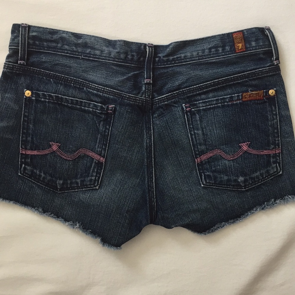 7 For All Mankind Dark Blue Denim Jean Shorts with Pink Backstitch